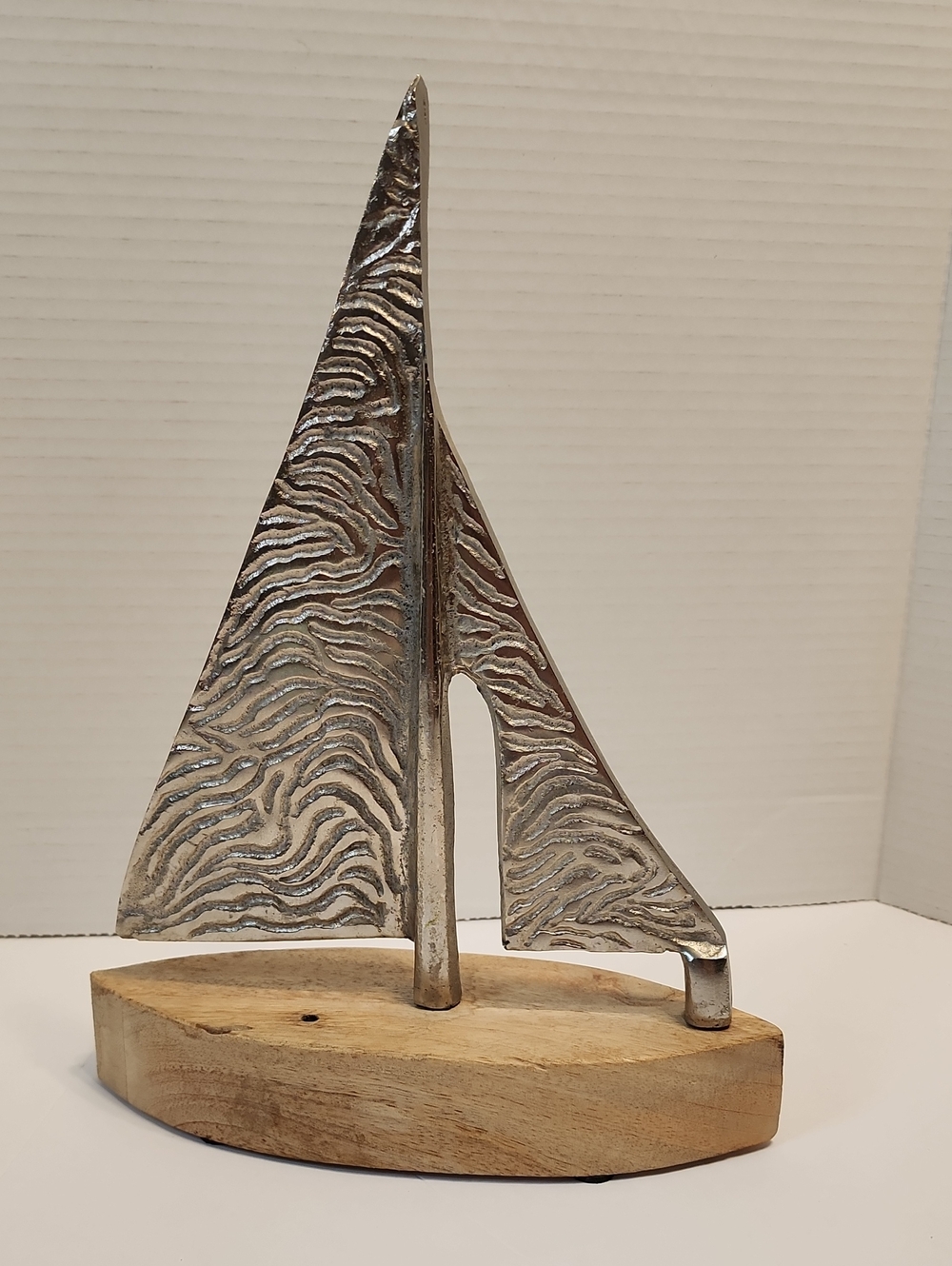 Decorative Silver Sailboat Sculpture on Wood Base - Home Nautical Coastal Art